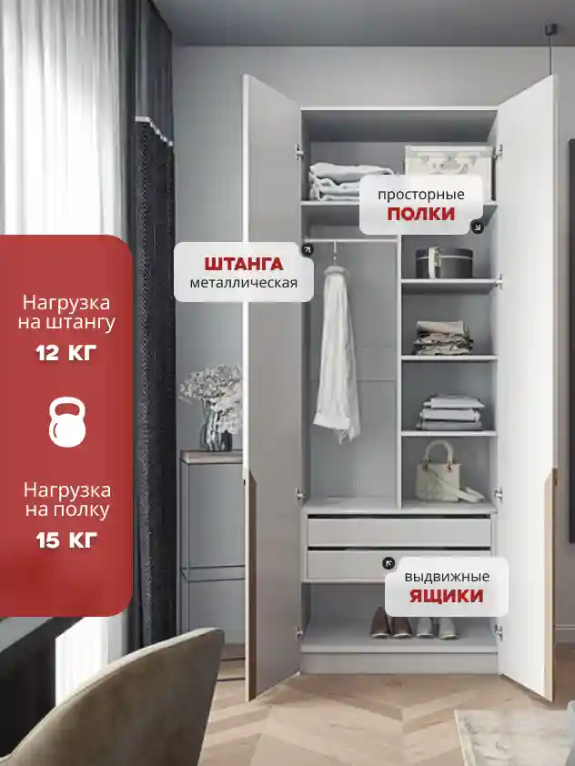 Шкаф 2-дверный Распашной шкаф Desiato ШК2-Ц-Н5-П-Ф-БЕЛ-Р4-80х220х65, W3343V Белый вельвет