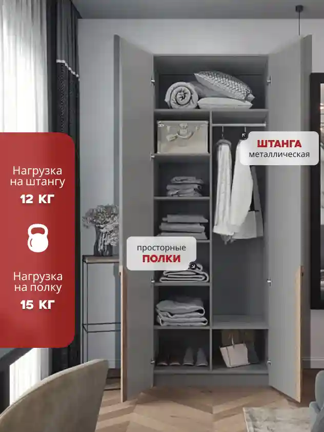 Шкаф 2-дверный Распашной шкаф Desiato ШК2-Ц-Н3-Л-Ф-СЕР-Р4-90х210х50, 540 PE Серый Манхеттен