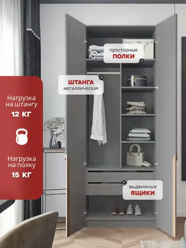 Шкаф 2-дверный Распашной шкаф Desiato ШК2-Ц-Н5-П-Ф-СЕР-Р4-60х210х50, 540 PE Серый Манхеттен
