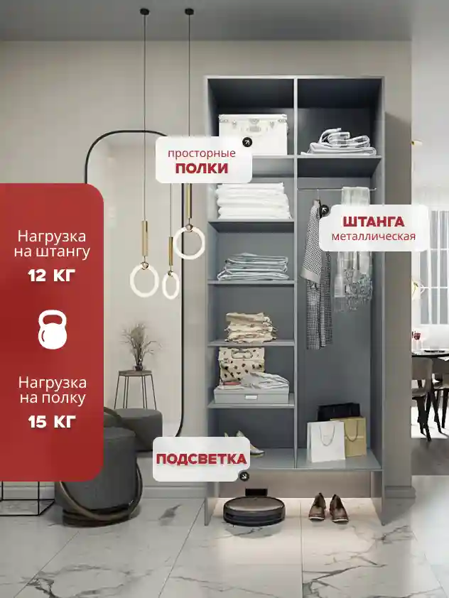 Шкаф 2-дверный Распашной шкаф Desiato ШК2-НШ-Н6-Л-Ф-СЕР-Р5-100х210х60, 540 PE Серый Манхеттен