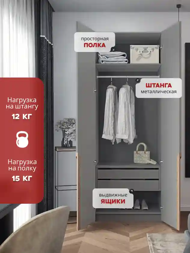 Шкаф 2-дверный Распашной шкаф Desiato ШК2-Ц-Н4-Ф-СЕР-Р4-100х240х55, 540 PE Серый Манхеттен