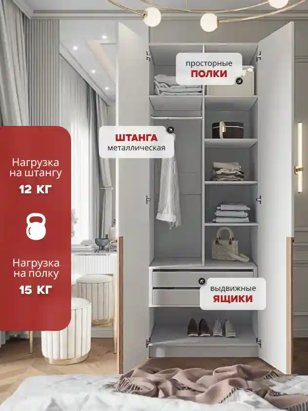 Шкаф 2-дверный Распашной шкаф Desiato ШК2-Ц-Н5-П-Ф-БЕЛ-Р5-70х270х50, W3343V Белый вельвет